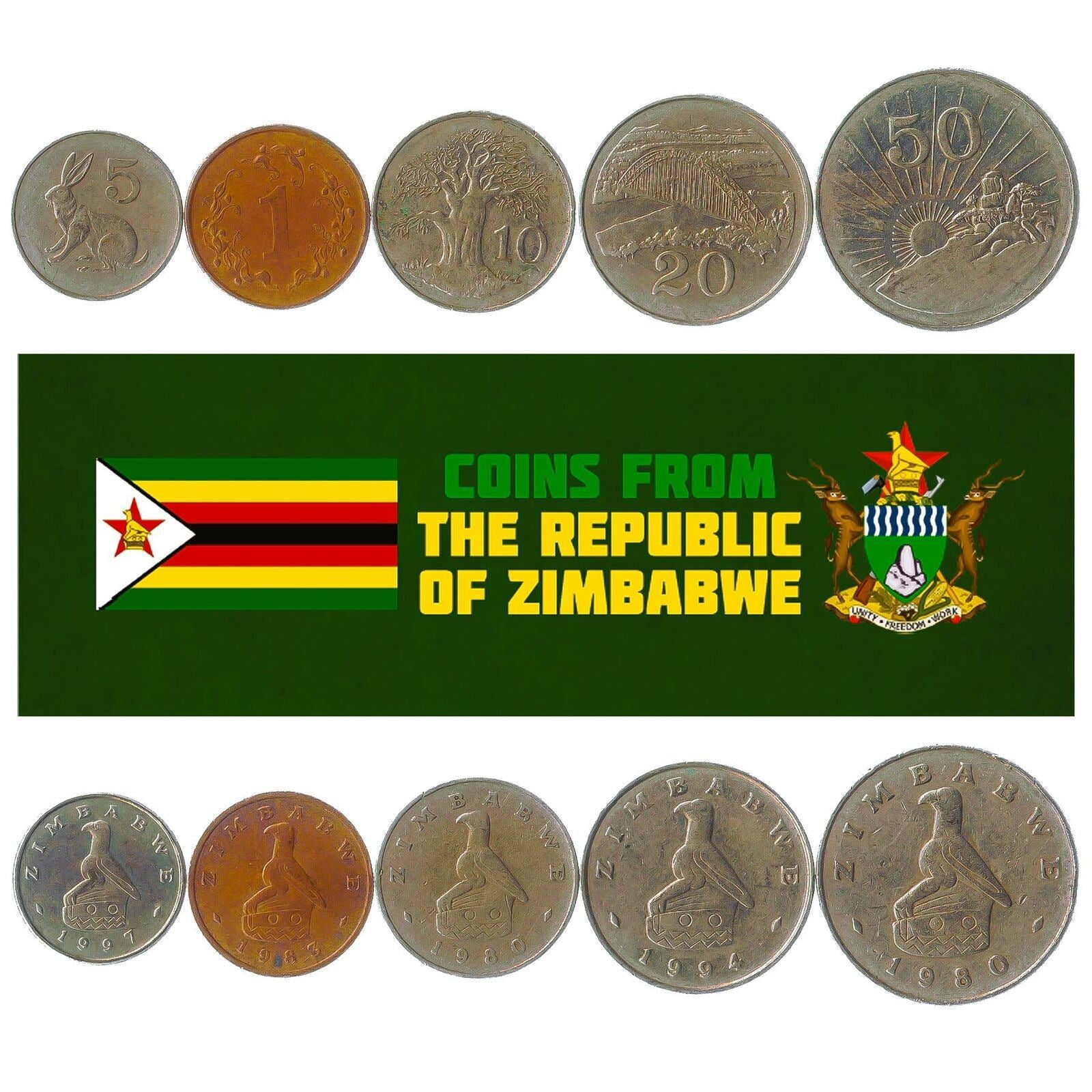5 Coins From Zimbabwe 1980-2018 1-50 Cents African Collectible Money