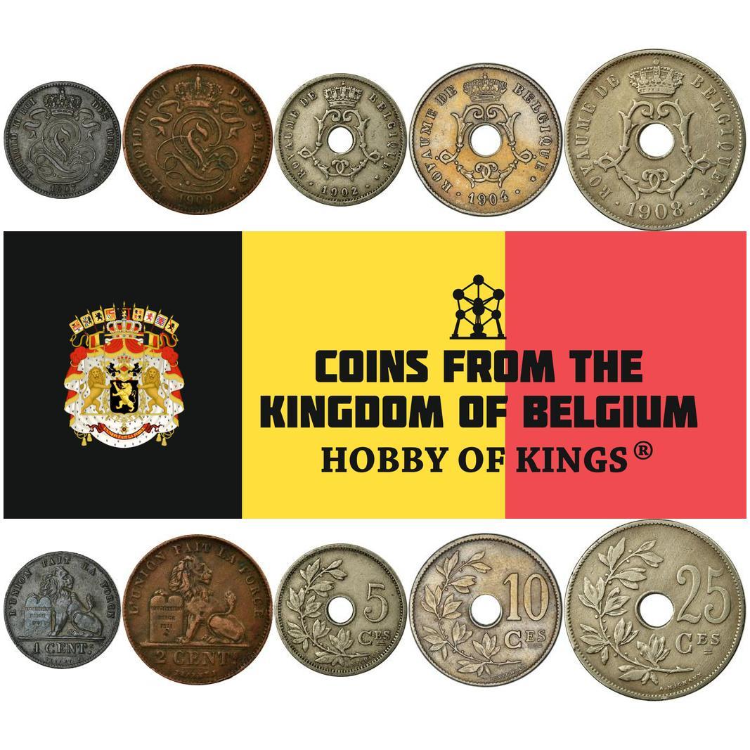 Belgium | 5 Coin Set | 1 Centime 2 5 10 25 Centimes | 1869 - 1909