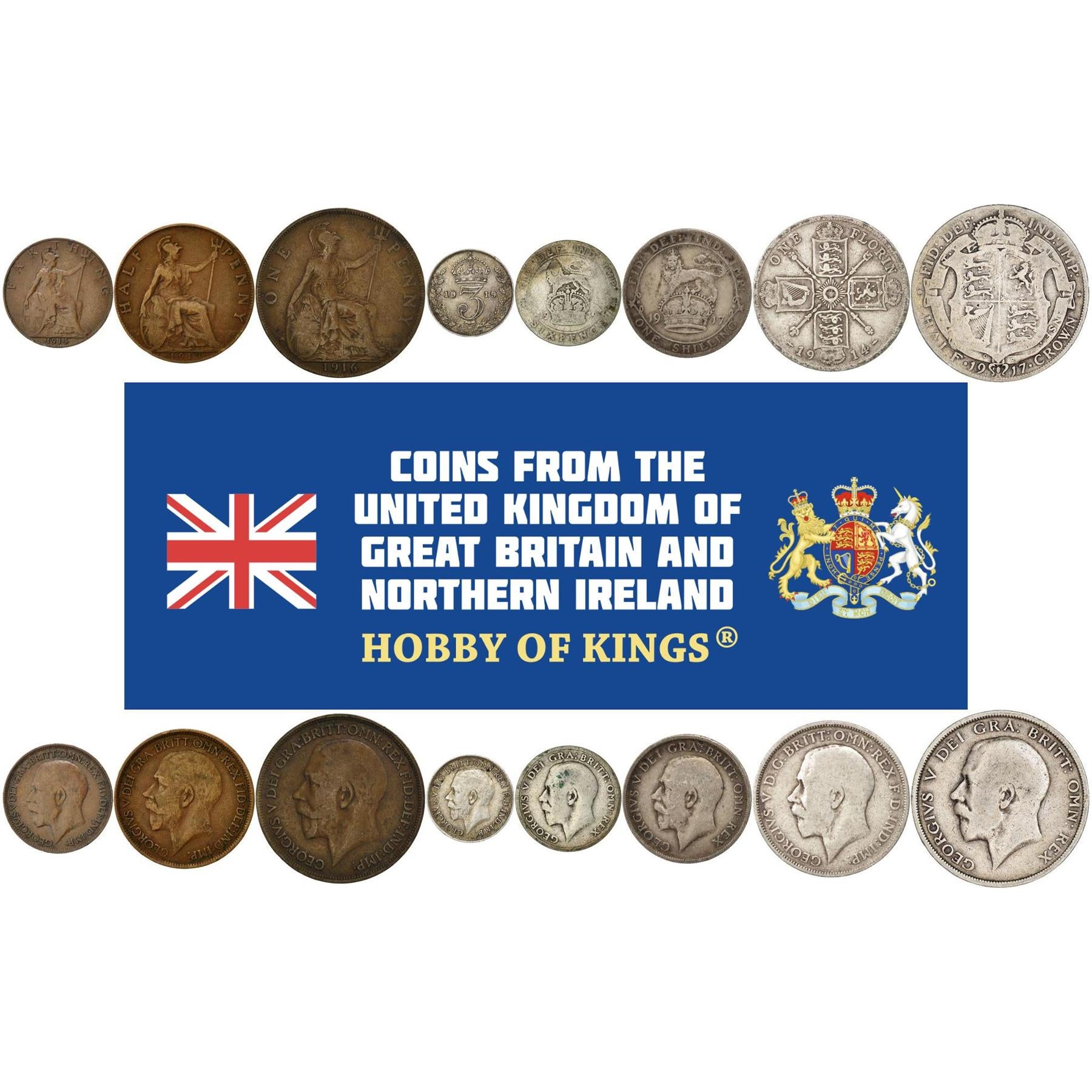 United Kingdom | 8 Coin Set | 1 Farthing 1/2 1 Penny 3 6 Pence 1 Shilling 1 Florin 1/2 Crown | 1911 - 1920