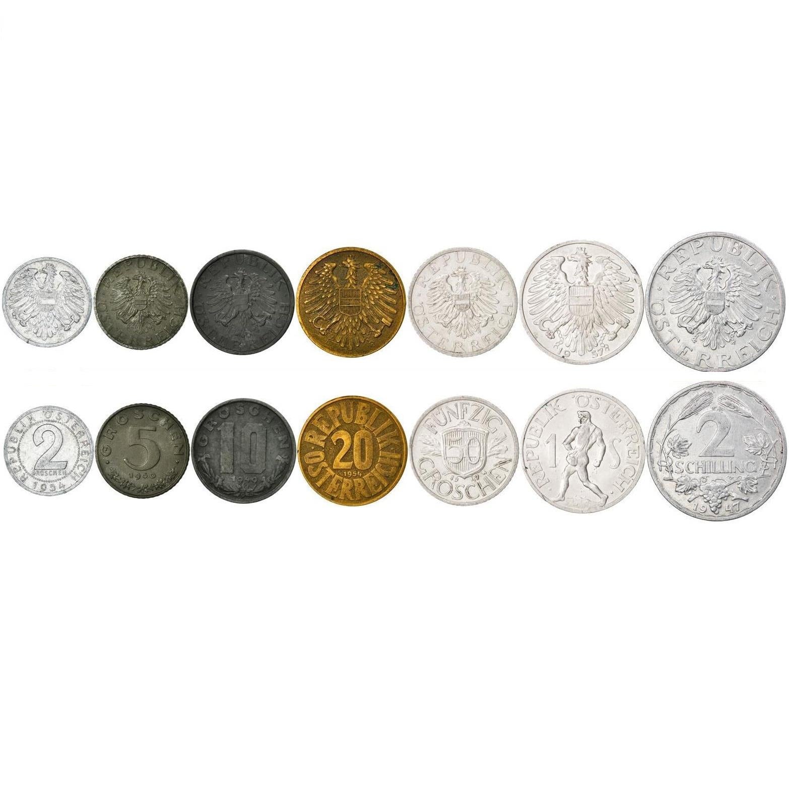 Austria | 7 Coin Set | 2 5 10 20 50 Groschen 1 2 Schilling | Austrian Escutcheon | Sower | 1946 - 1957