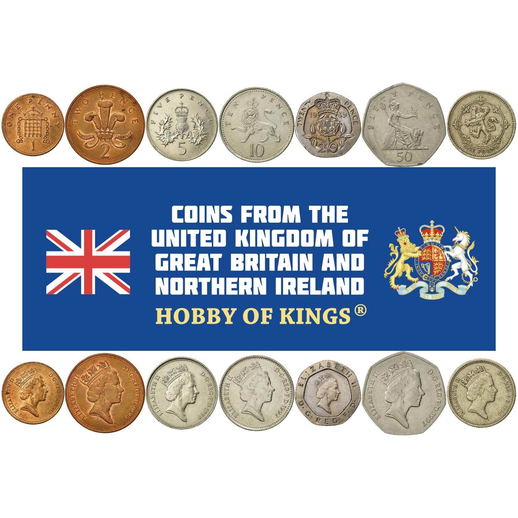 United Kingdom | 7 Coin Set | 1 Penny 2 5 10 20 50 Pence 1 Pound | 1985 - 1997
