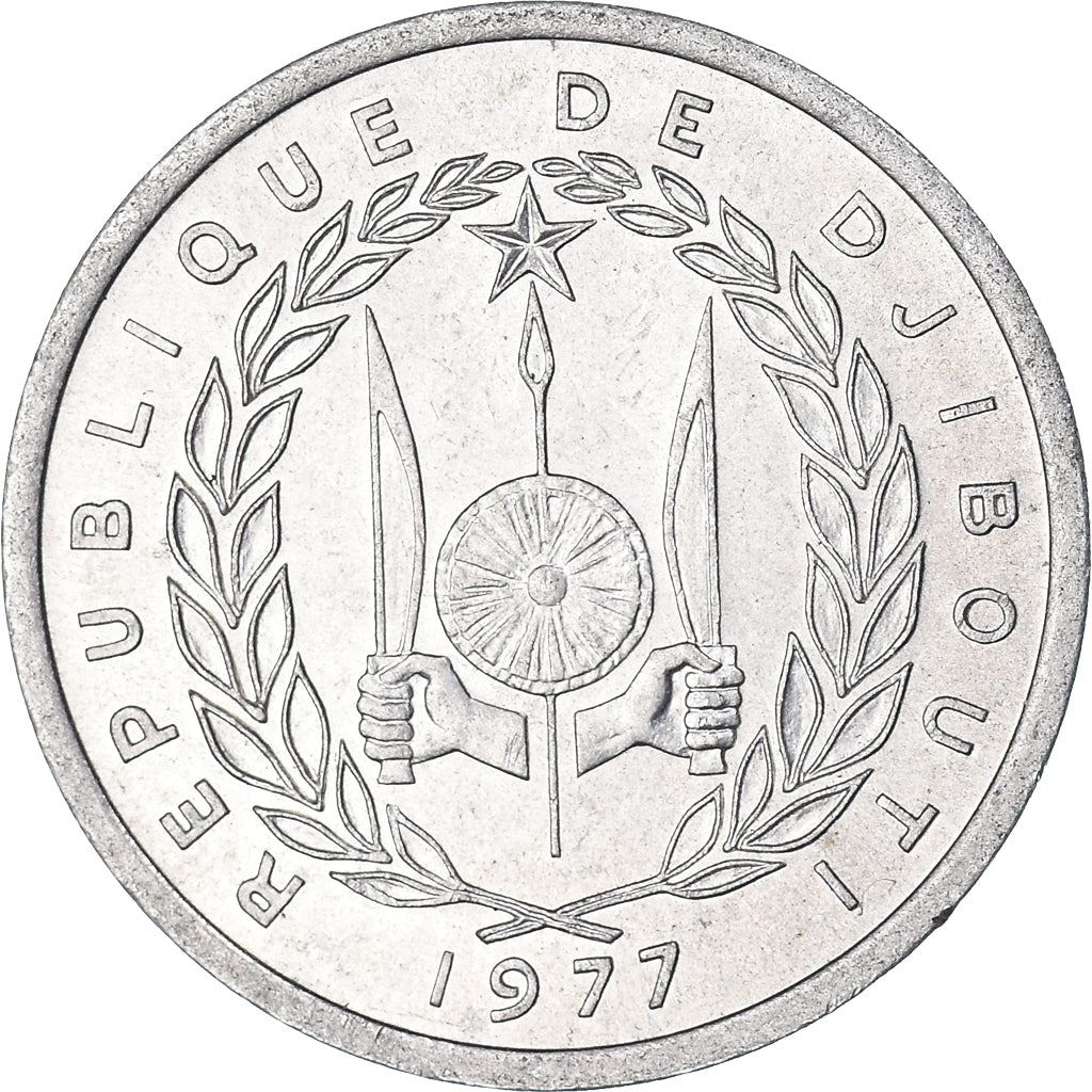 Djibouti | 1 Franc Coin | Knife | Spear | Shield | Waterbuck | Km:20 | 1977 - 1999