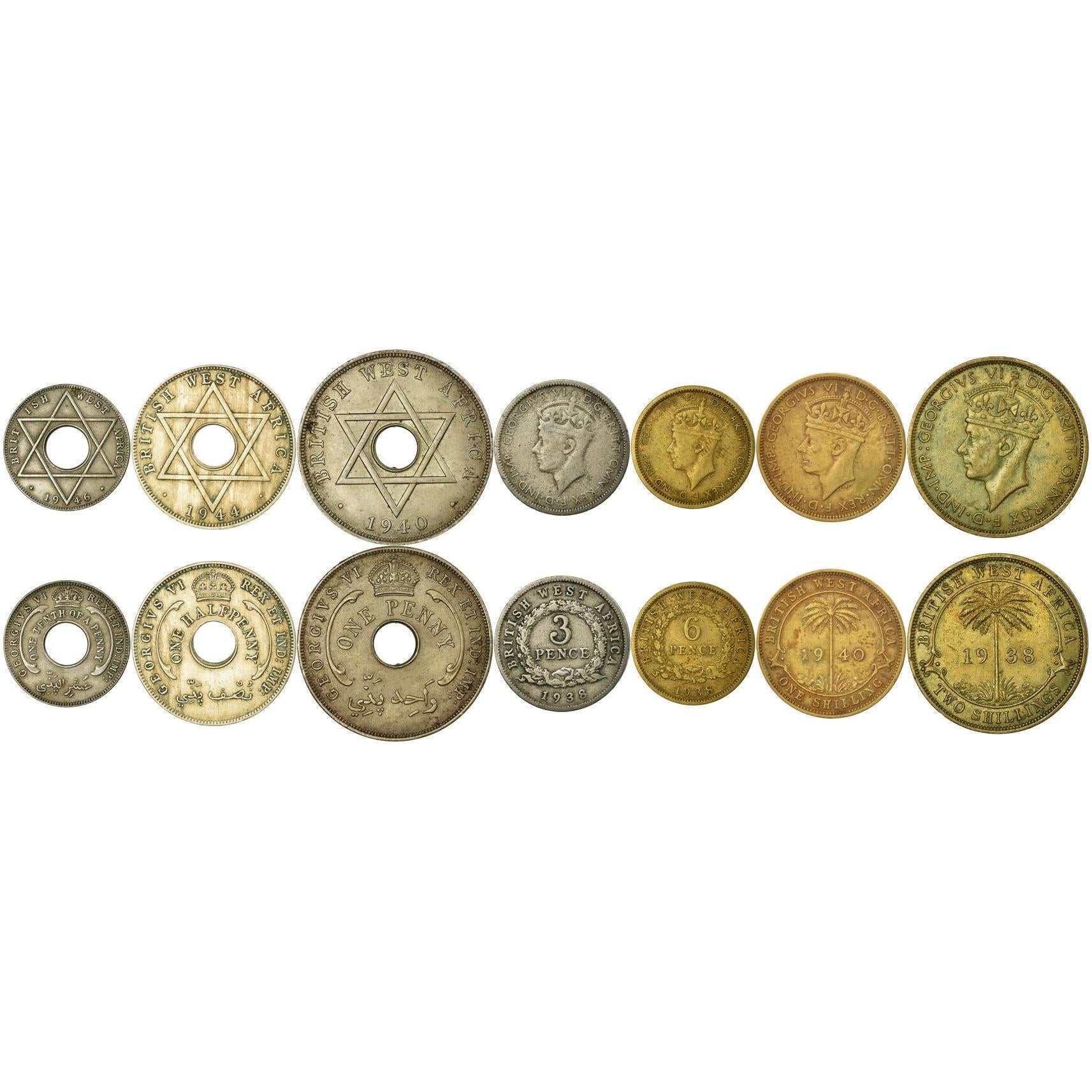 British West Africa | 7 Coin Set | 1/10 1/2 1 Penny 3 6 Pence 1 Shilling 2 Shillings | 1937 - 1947