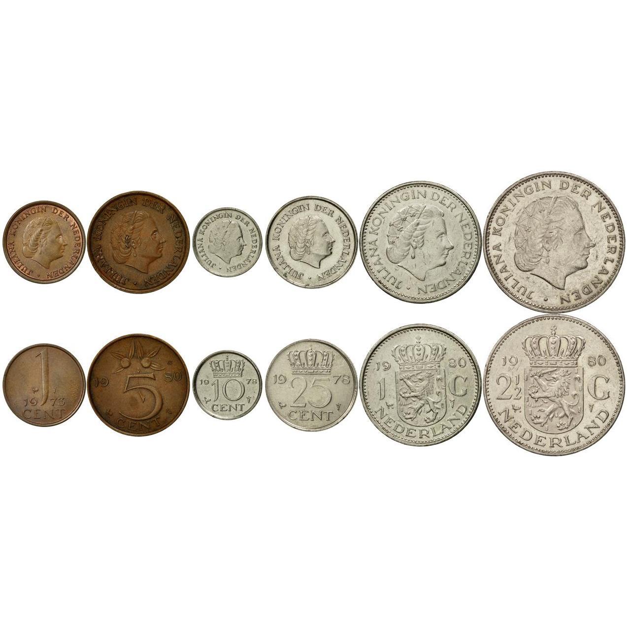 Netherlands | 6 Coin Set | 1 Cent 5 10 25 Cents 1 2.5 Gulden | 1950 - 1980