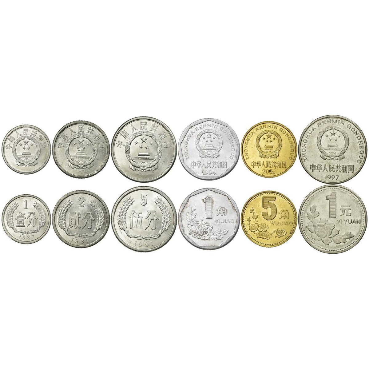 Chinesisches 6-Münzen-Set 1 2 5 Fen 1 5 Jiao 1 Yuan | Tian'Anmen | Pfingstrose | Japanische Aprikose | China | 1987 - 2001