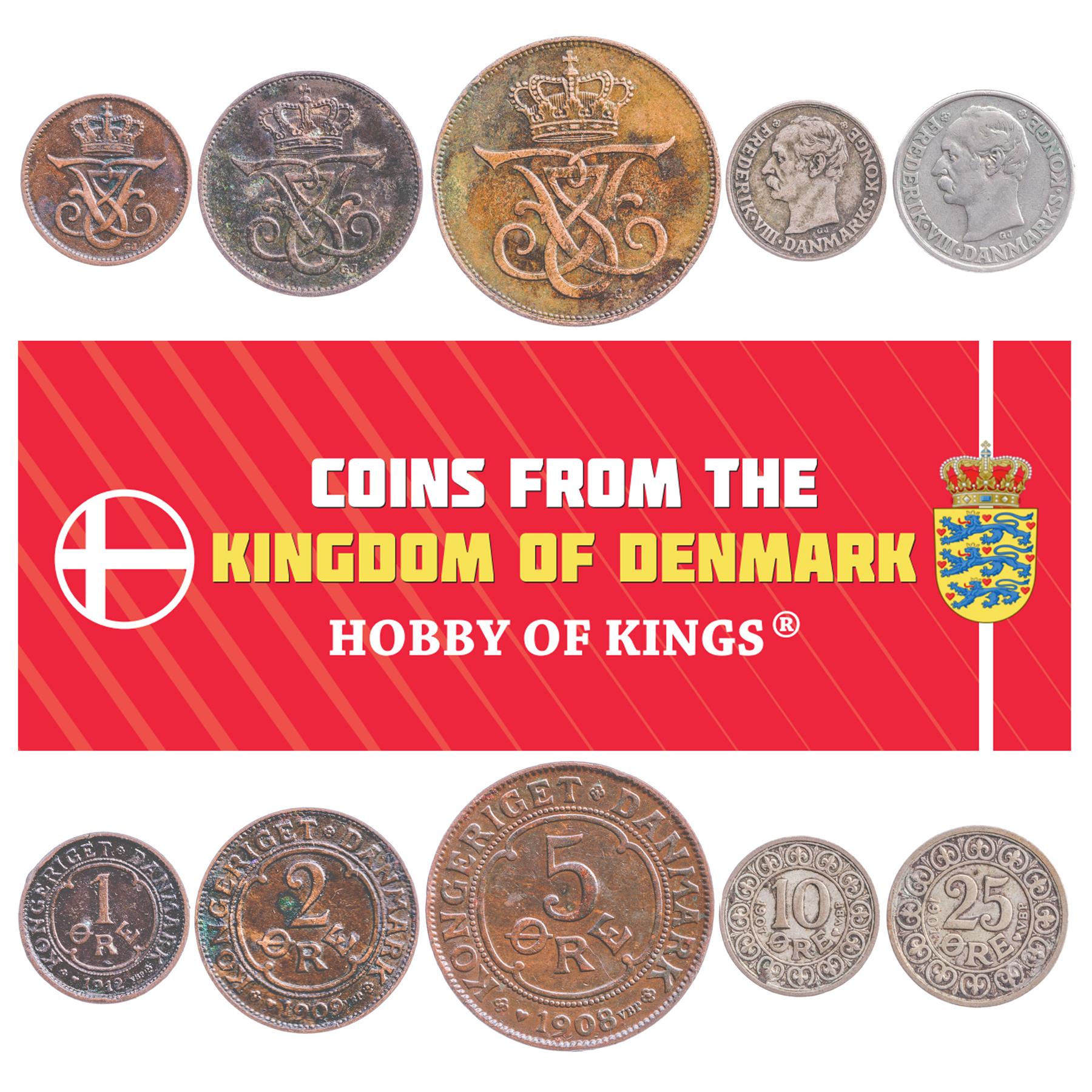 Denmark | 5 Coin Set | 1 2 5 10 25 Ore | 1907 - 1912