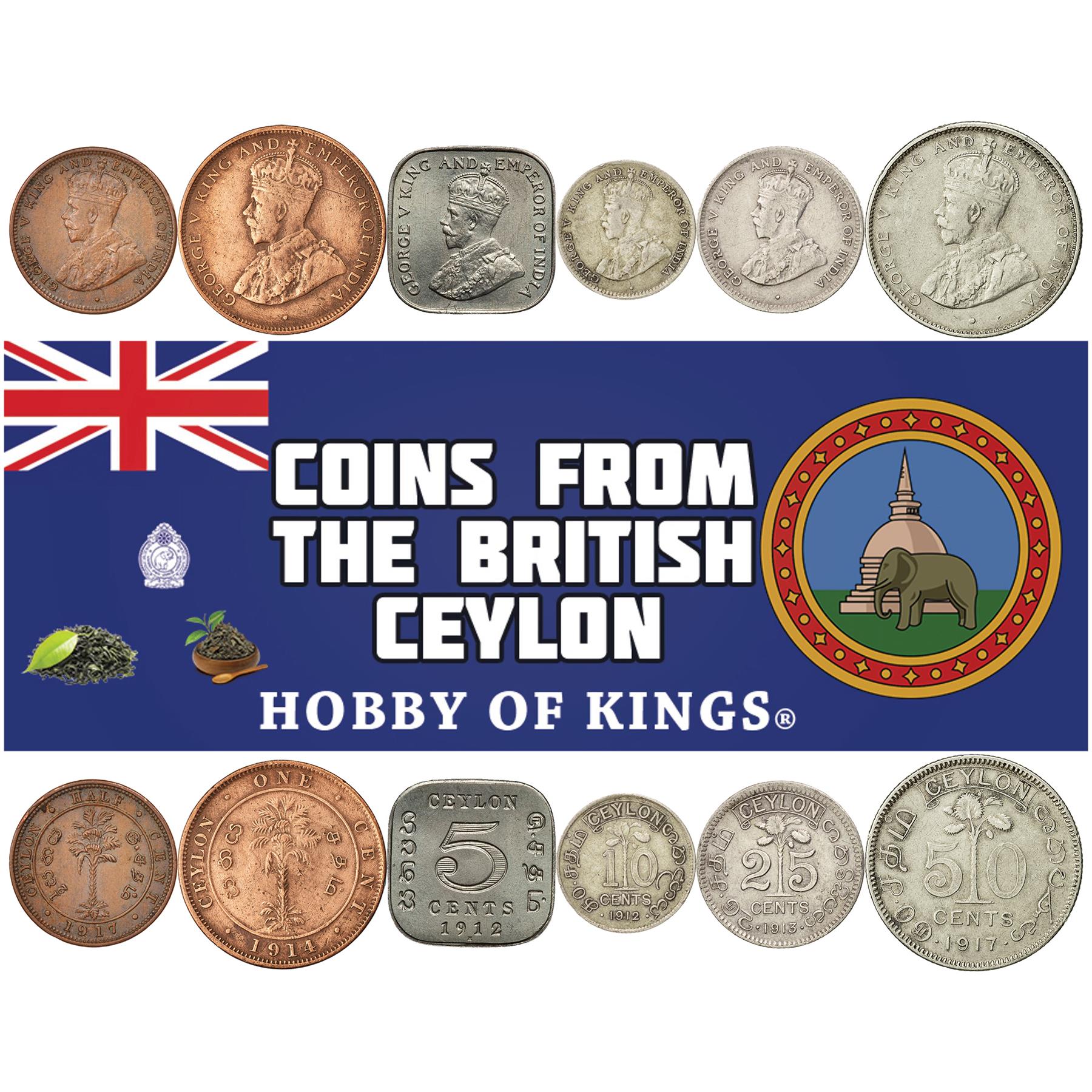 Sri Lankan 6 Coin Set 1/2 1 5 10 25 50 Cents | George V | Palm Trees | Ceylon | 1911 - 1917