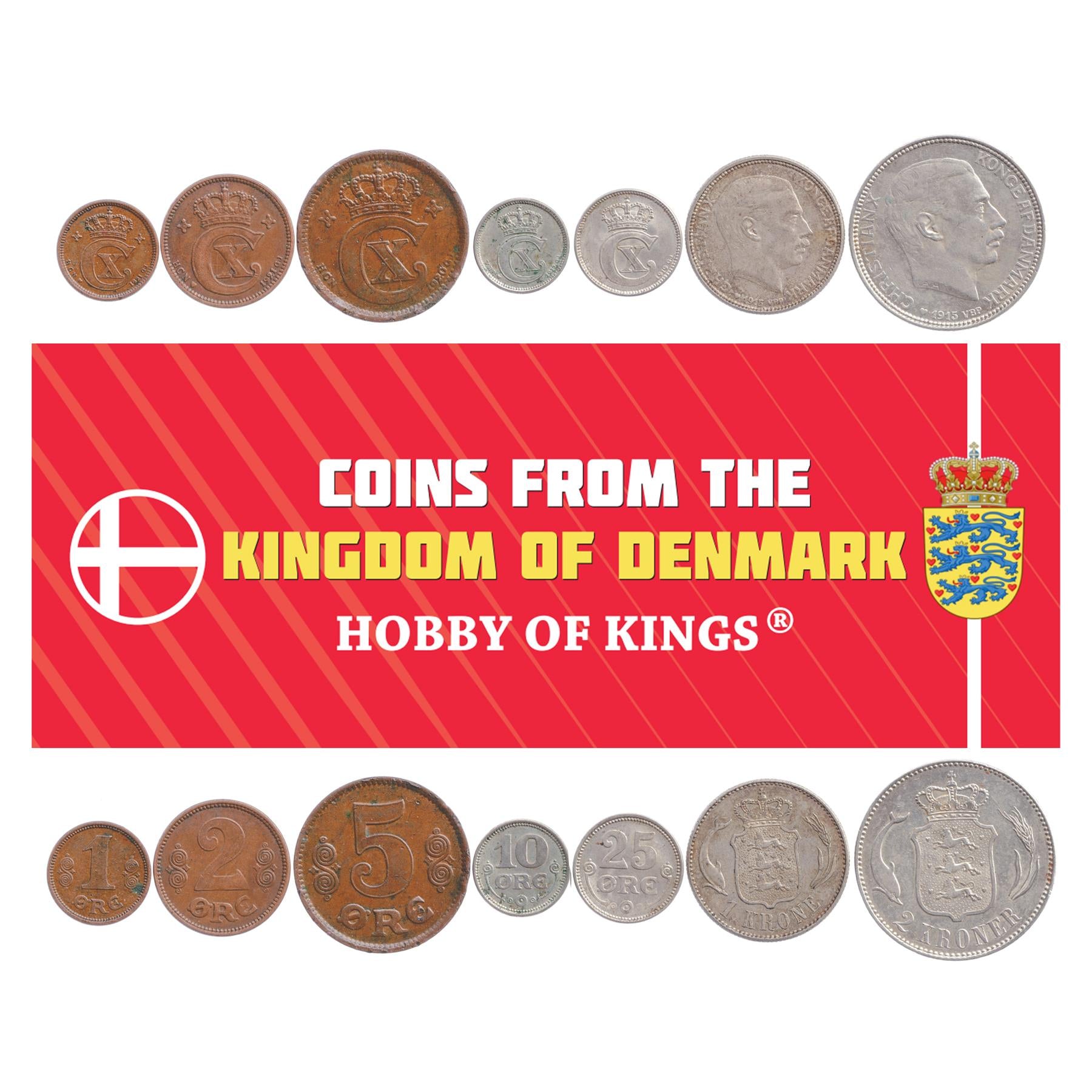 Denmark | 7 Coin Set | 1 2 5 10 25 Ore 1 Krone 2 Kroner | 1913 - 1923