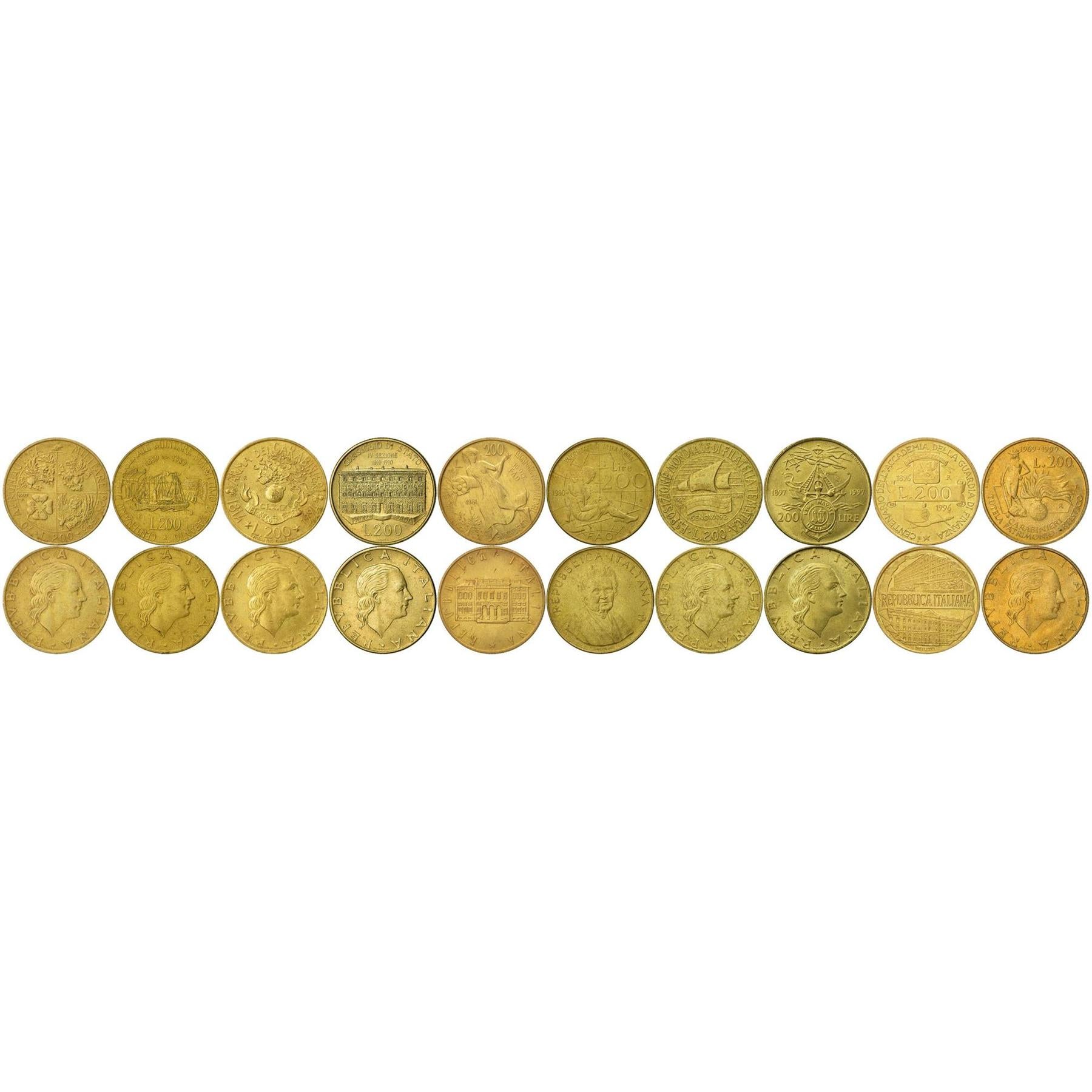 Italy | 10 Coin Set | 200 Lire | 1980 - 1999
