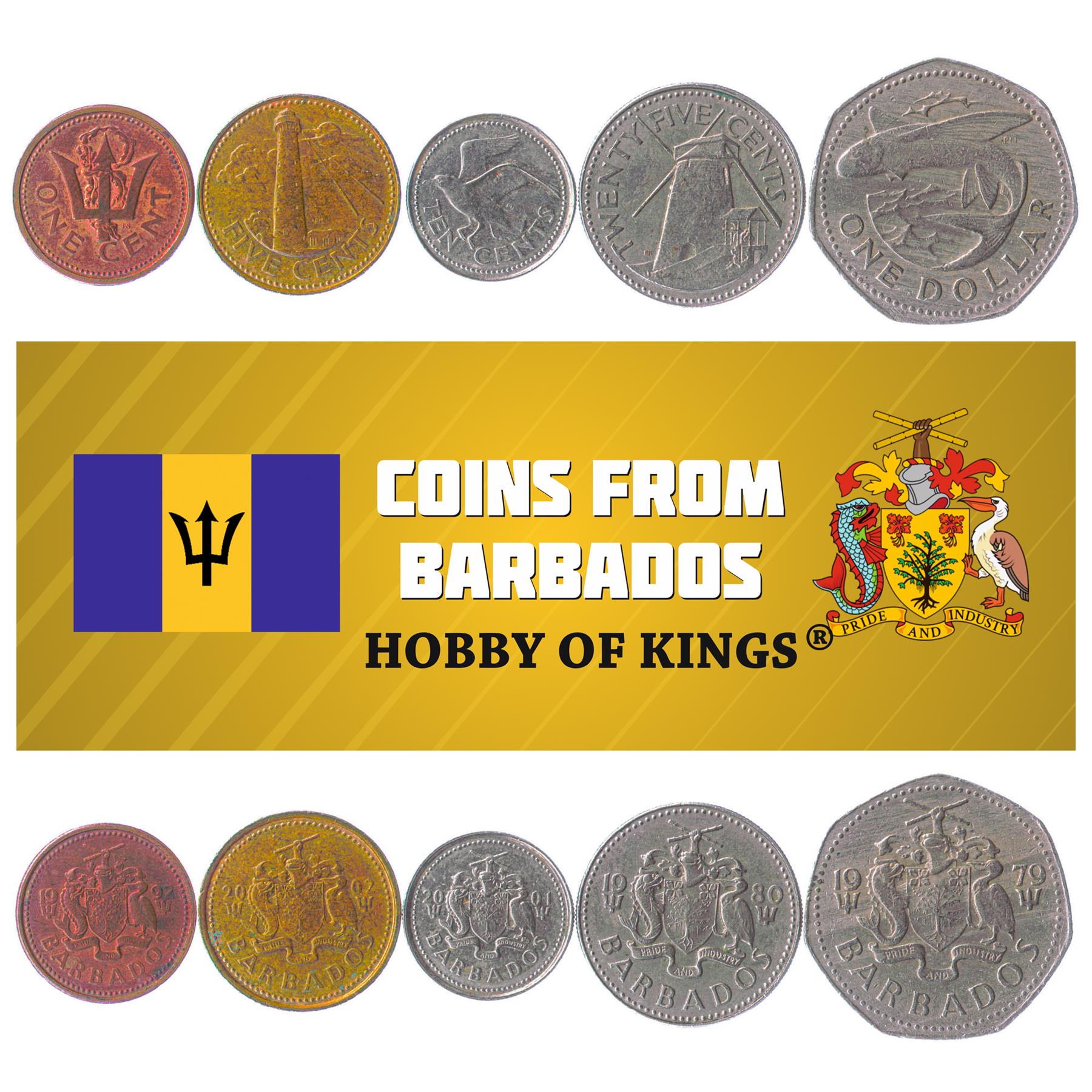 Set 5 Münzen Barbados 1 5 10 25 Cent 1 Dollar 1973 - 2007