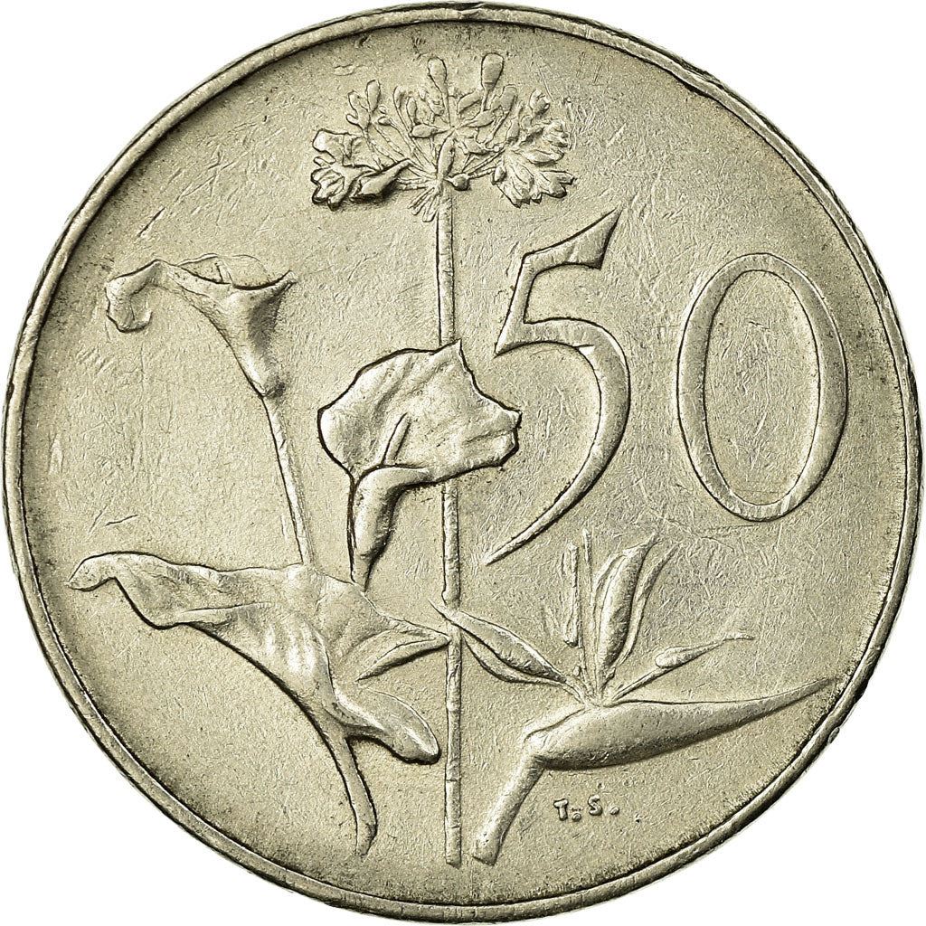 South Africa | 50 Cents Coin | Founder of Cape Town | Flowers | Lilies | Bird of Paradise | Km:70.2 | 1965 - 1969