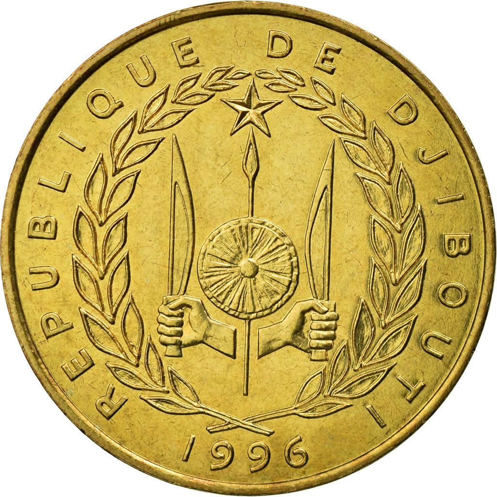 Djibouti | 20 Francs Coin | Knife | Spear | Shield | Dhow | Ocean Liner | Km:24 | 1977 - 2017