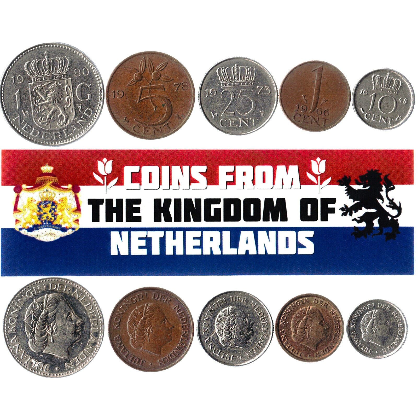 5 Mixed Coins From The Netherlands | 1 Cent - 1 Gulden | 1948 - 2001