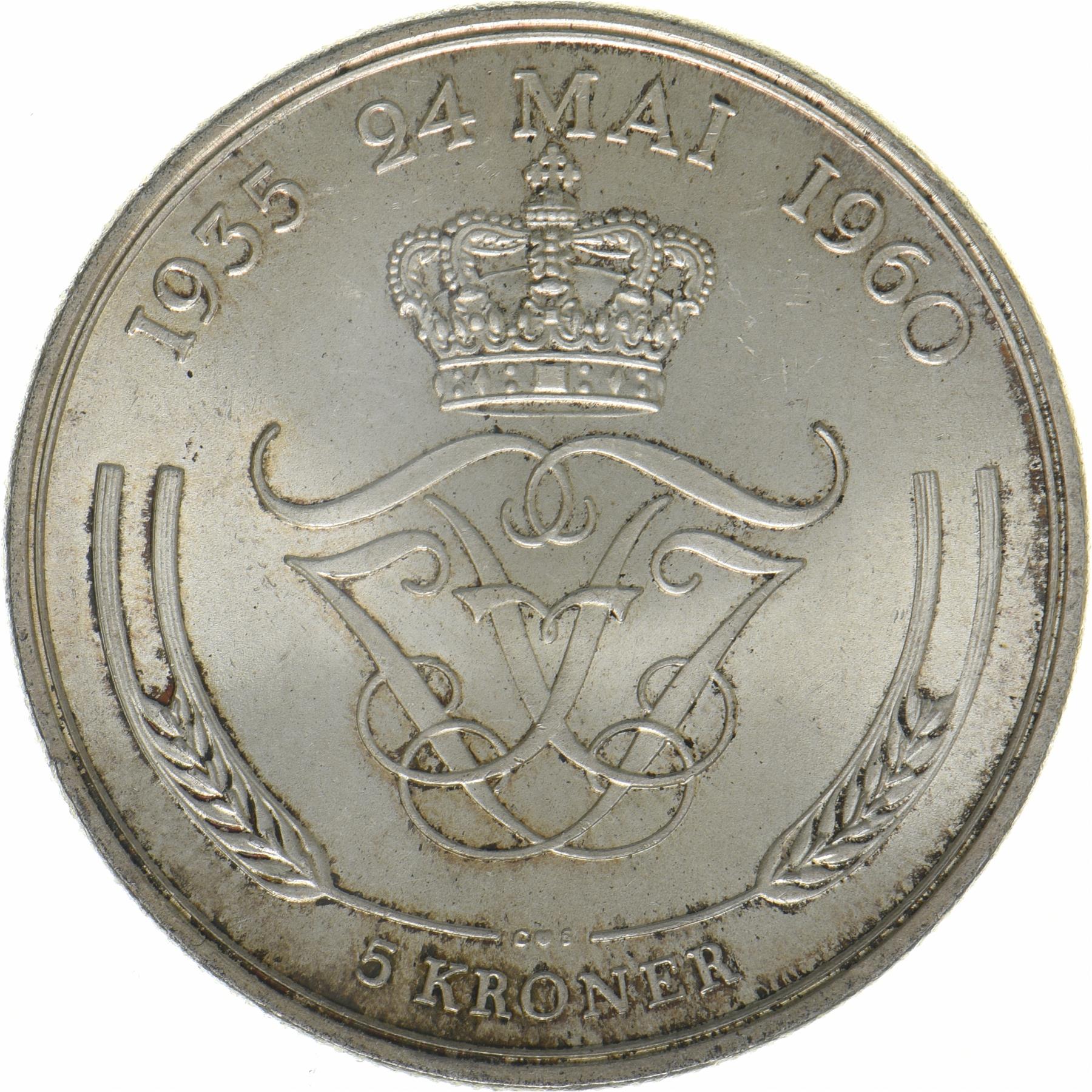 Denmark | 5 Kroner Coin | Silver | Silver Wedding Anniversary | KM:852 | 1960