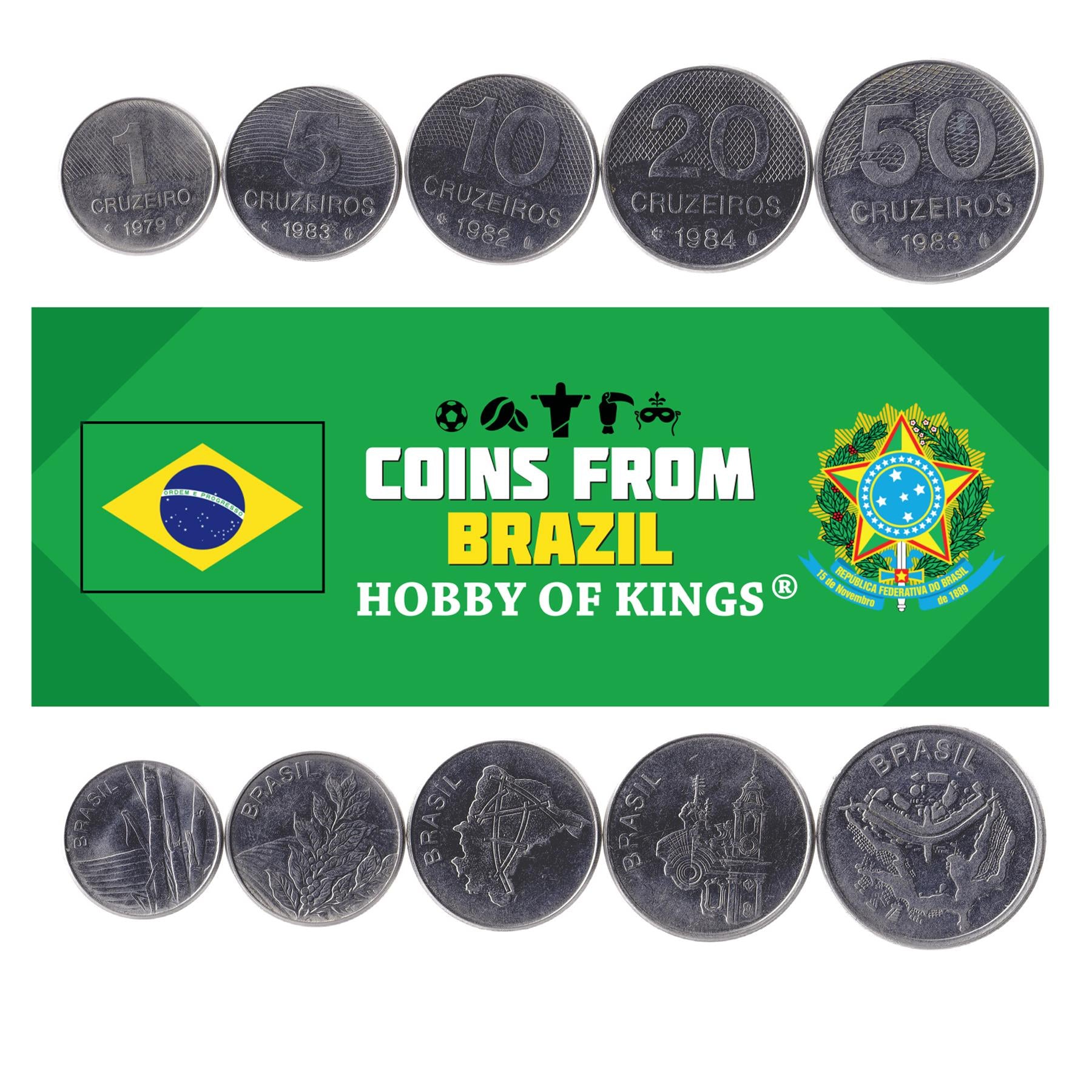 Brazil | 5 Coin Set | 1 Cruzeiro 5 10 20 50 Cruzeiros | 1979 - 1984