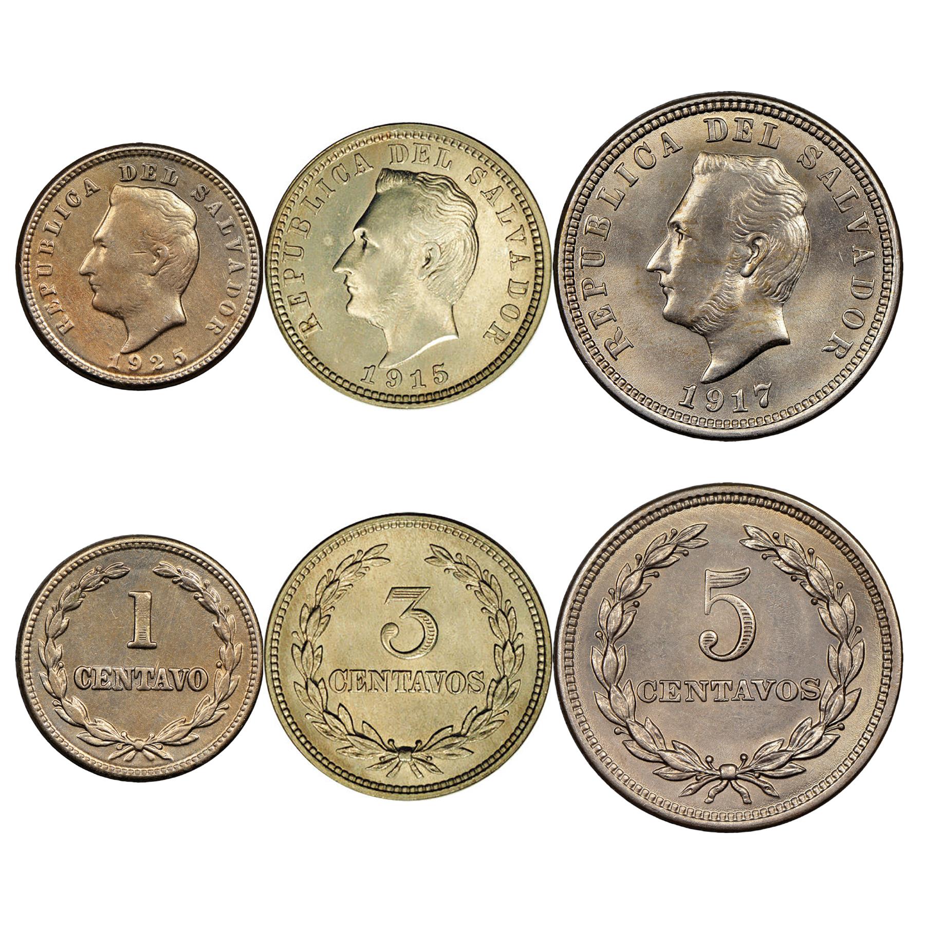 Salvadoran 3 Coin Set 1 3 5 Centavos | Francisco Morazan | El Salvador | 1915 - 1936