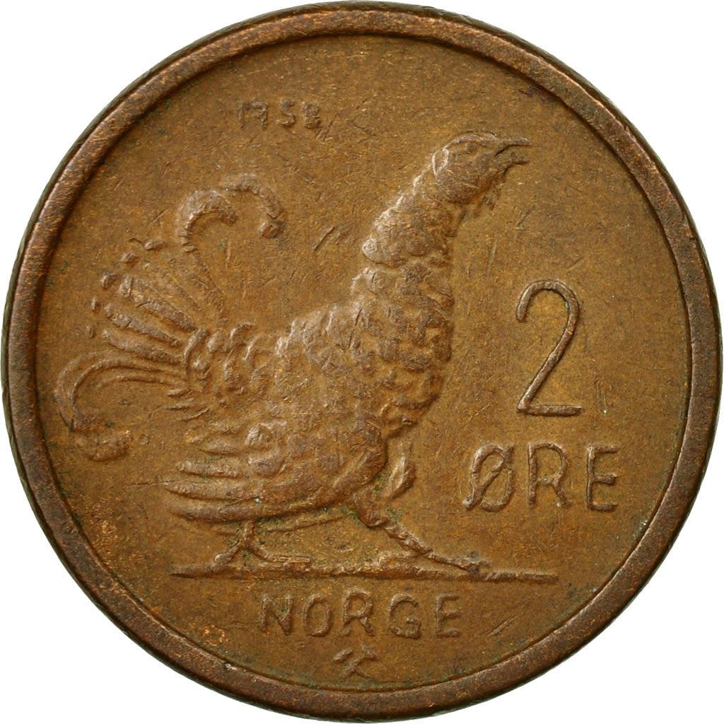 Norway | 2 Ore Coin | Crown | Monogram | Black Grouse Bird | Km:404 | 1958