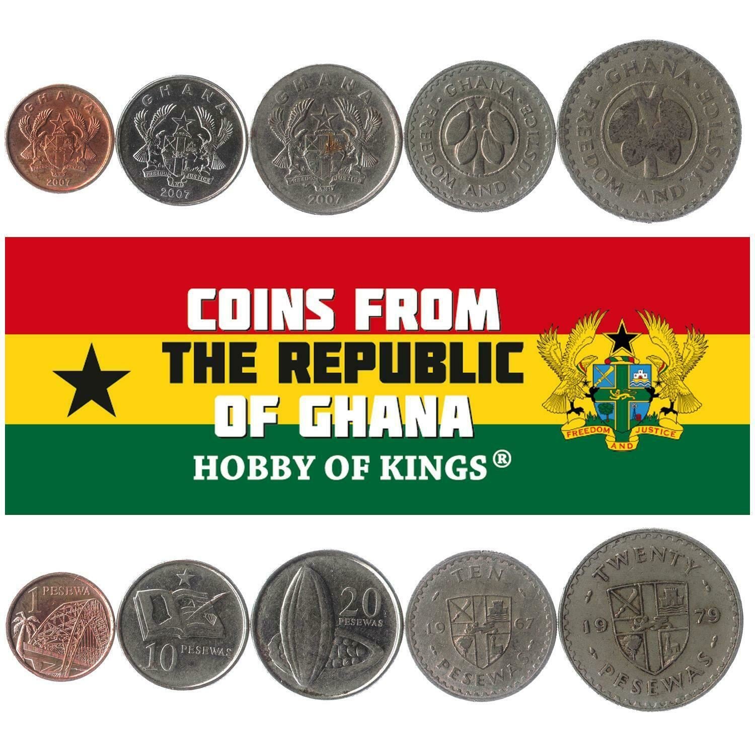 5 Mixed Coins From Ghana | 1 - 20 Pesewas | 1967 - 2016