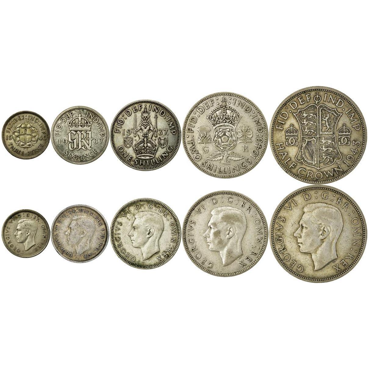 United Kingdom | 5 Coin Set | 3 6 Pence 1 Shilling 2 Shillings 1/2 Crown | 1937 - 1946