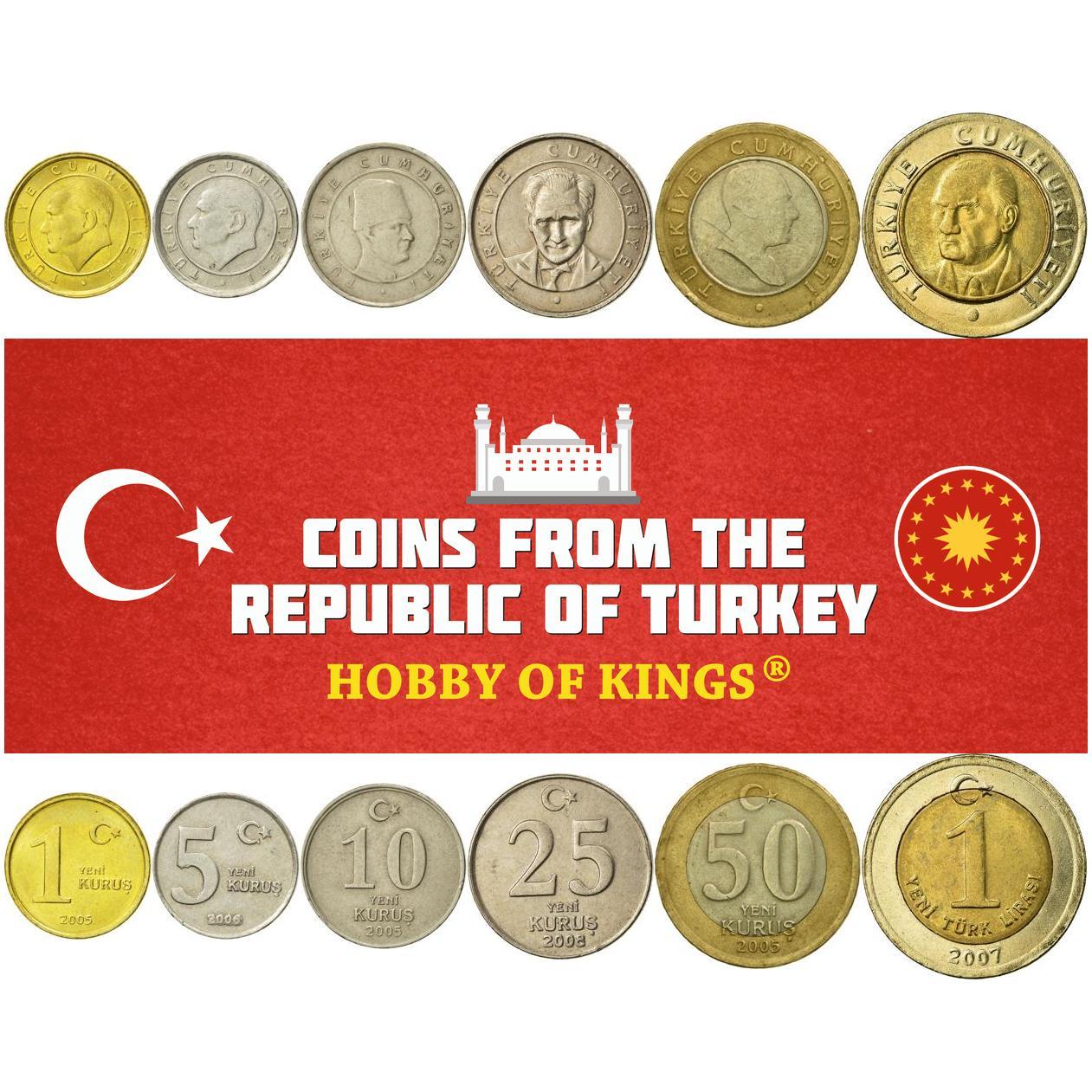 Turkey | 6 Coin Set | 1 Yeni 5 Yeni 10 Yeni 25 Yeni 50 Yeni Kurus 1 Yeni Lira | 2005 - 2009