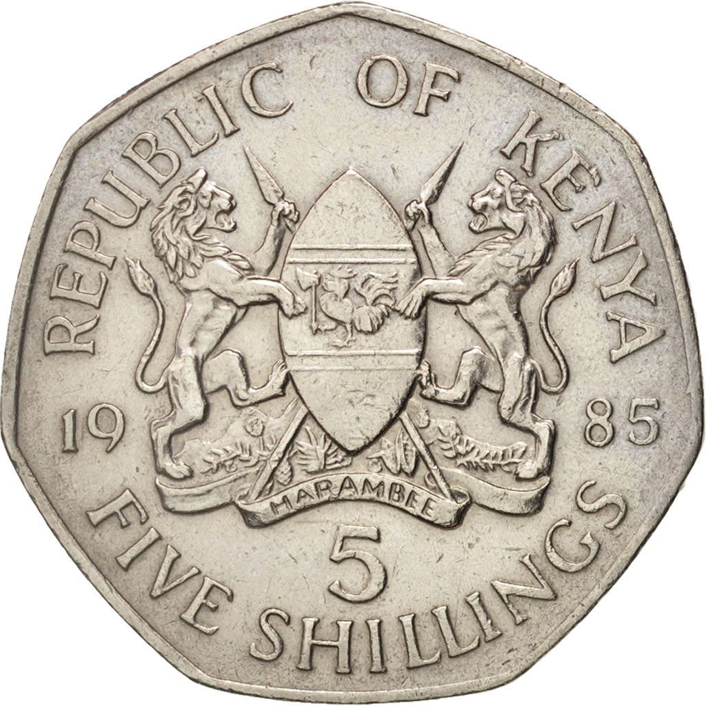 Kenya 5 Shilling | Skjold | Øks | Løve | Fugl | Spyd Mynt | KM23 | 1985