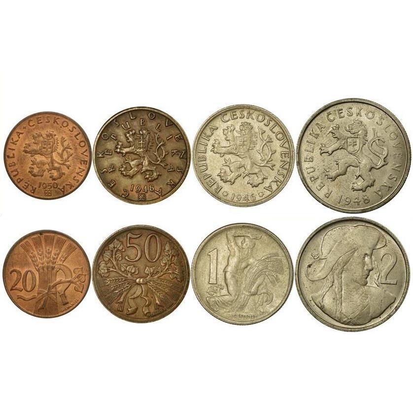 Tchécoslovaquie | Ensemble de 4 pièces | 20 50 Hellers 1 2 Couronne | Faucille | Lion tchèque | Juraj Jánošík | 1946 - 1950