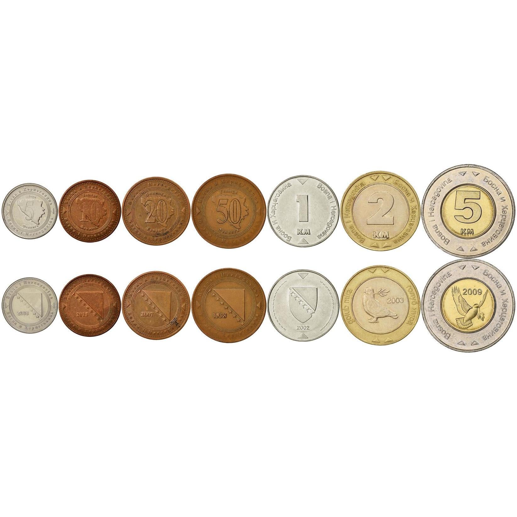 Bosnia and Herzegovina | 7 Coin Set | 5 10 20 50 Feninga 1 Konvertibilna 2 Konvertibilne Marka 5 Konvertibilnih Maraka | 1998 - 2025