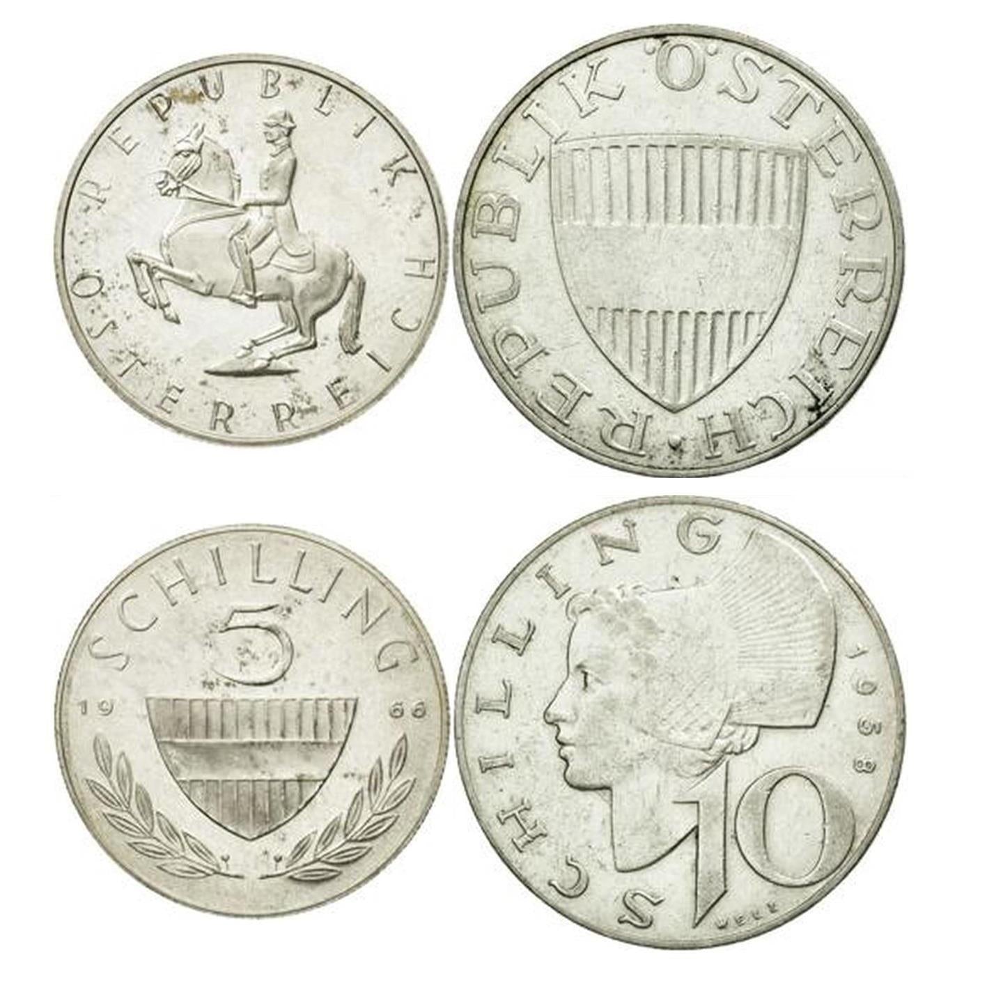 Austria | 2 Coin Set | 5 10 Schilling | Lipizzaner Horse | Rider | Austrian Escutcheon | Brettlhaube | 1957 - 1973