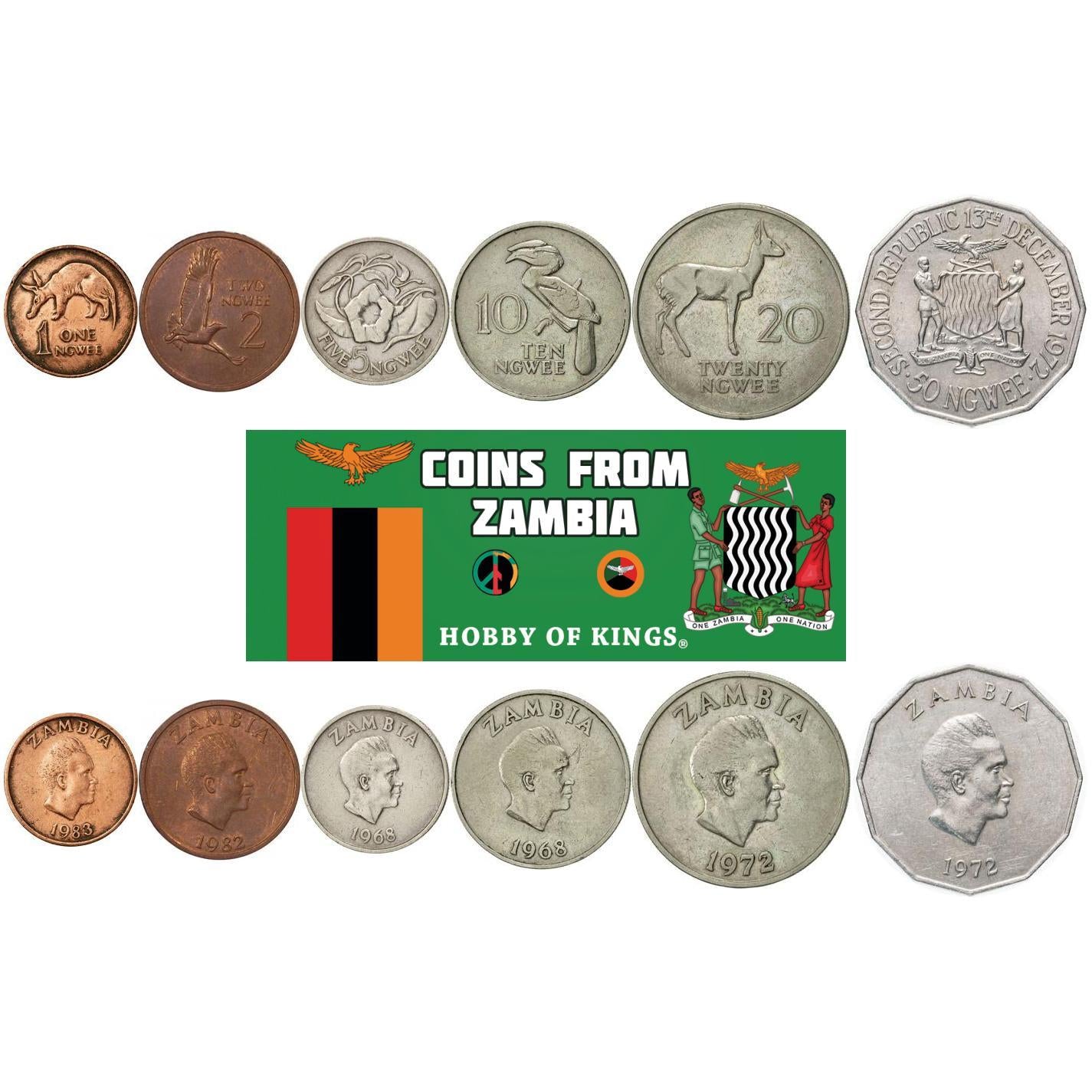 Zambia | 6 Coin Set | 1 2 5 10 20 50 Ngwee | 1968 - 1988