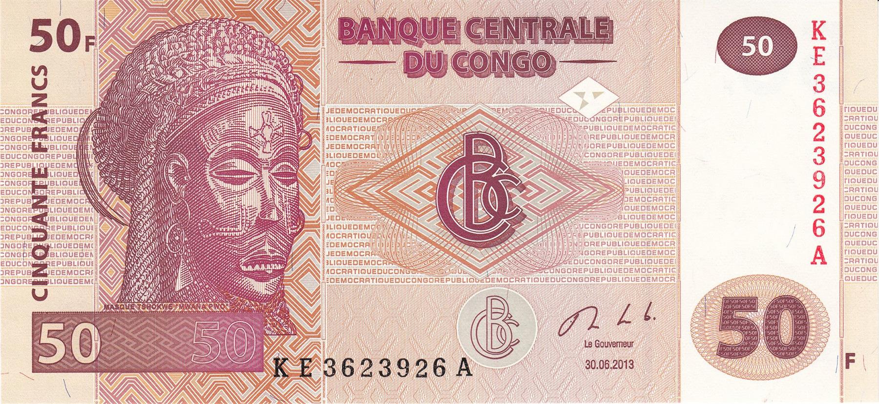 República Democrática del Congo | Billete de 50 francos | 2007 - 2022 | Máscara femenina Tshokwe | Mwana Pwo | Aldea de pescadores | Pez