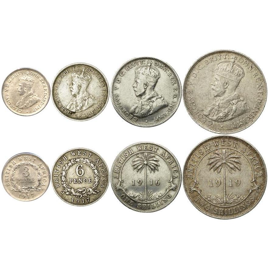 British West Africa | 4 Coin Set | 3 6 Pence 1 Shilling 2 Shillings | 1913 - 1920