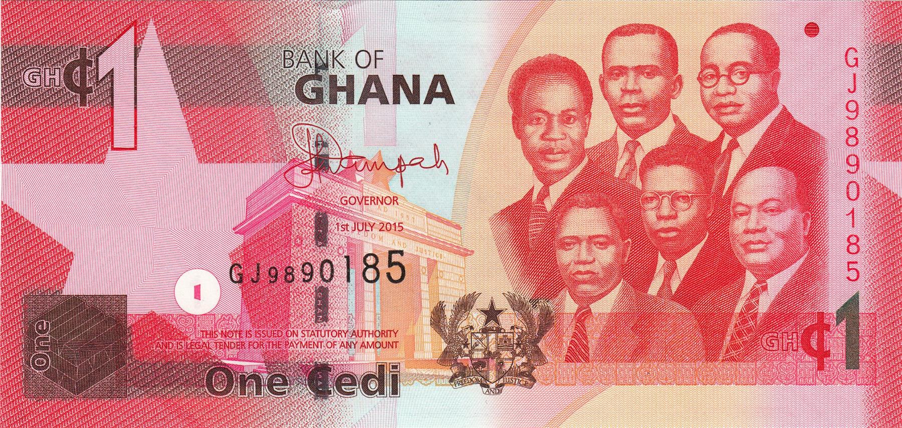 Ghana | 1 Cedi Banknote | 2007 - 2017 | Big Six Leaders | Independence Arch | Akosombo Dam