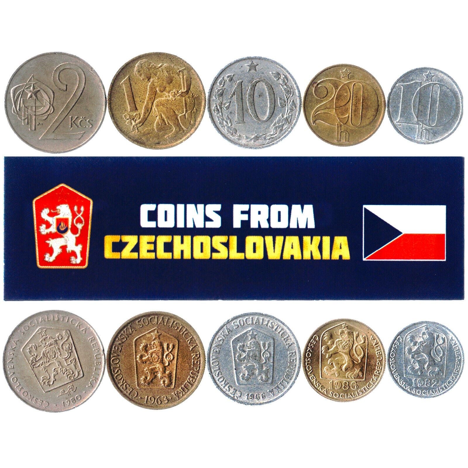 5 Mixed Coins From Czechoslovakia | 10 Hellers - 2 Koruny | 1953 - 1992