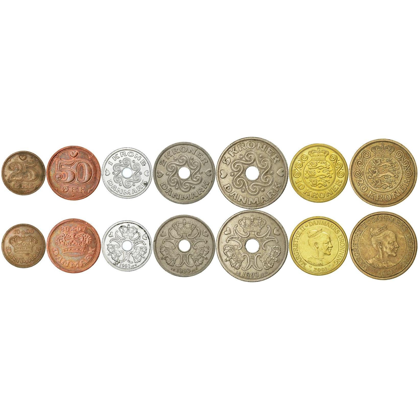 Denmark | 7 Coin Set | 25 50 Ore 1 Krone 2 5 10 20 Kroner | 1989 - 2021