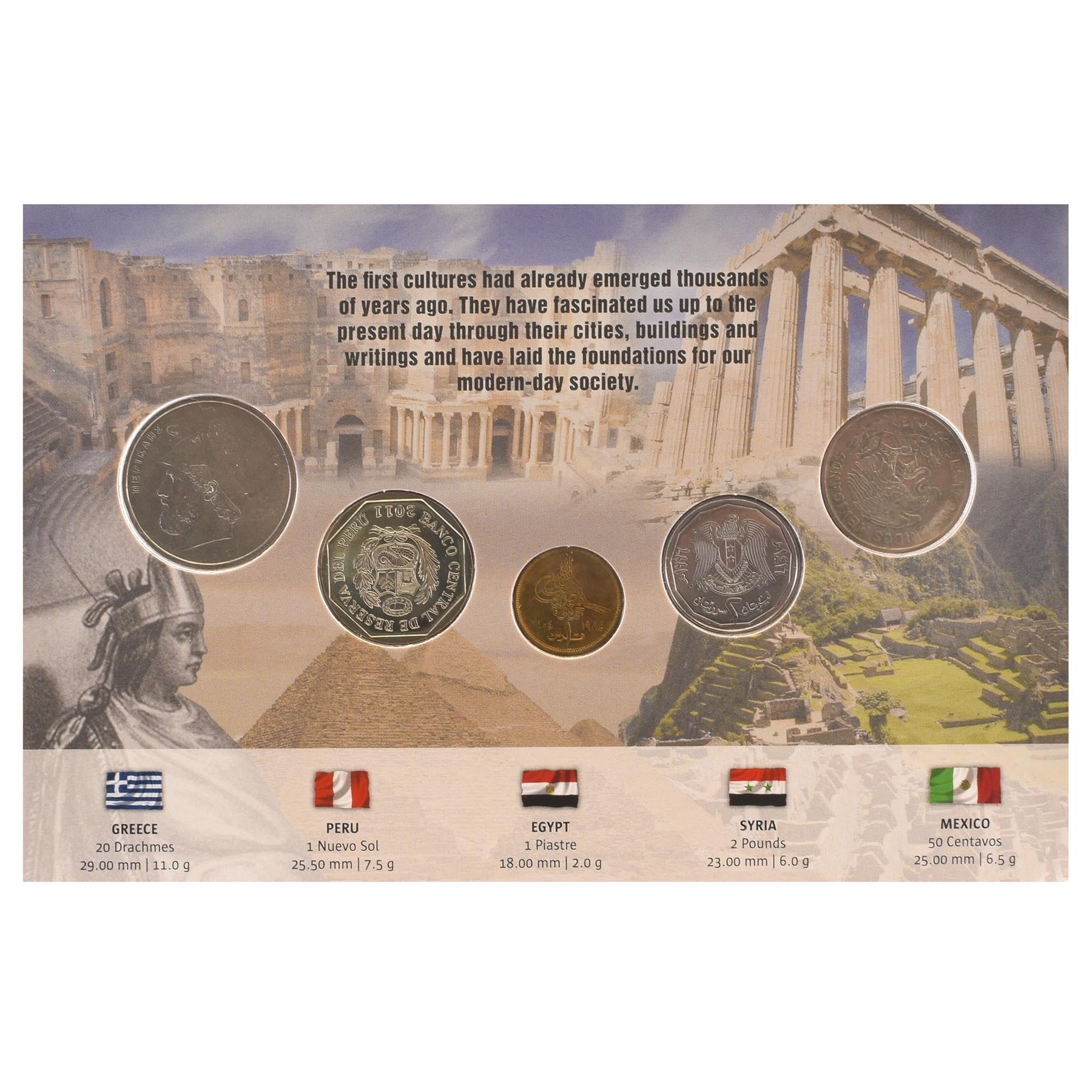 5 Coin Set Ancient Cultures | Blistercard | Cuauhtemoc | Amphitheater | Pyramids of Giza | Machu Picchu | Parthenon | Acropolis