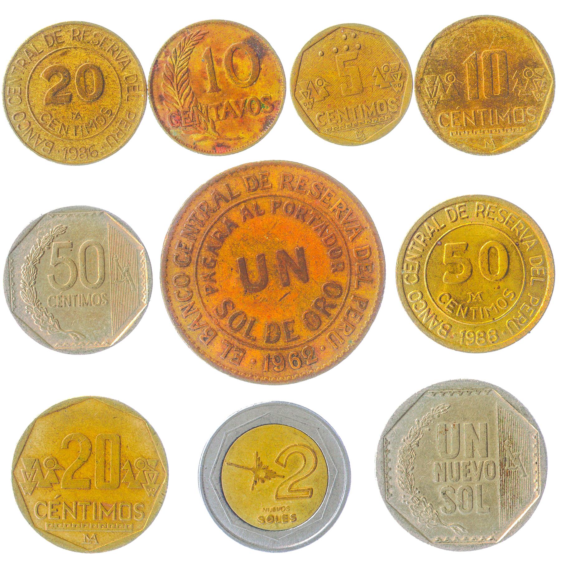 Peru 10 Mixed Coins | peruvian Currency | Centimo | Intis | Nuevo Soles | Chimu civilization | 1966 - 2020